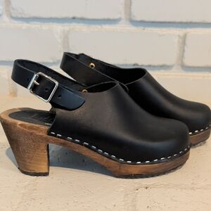 Lotta From Stockholm Black Leather Mules with Wooden Heel